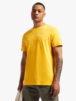 Men's Relay Jeans Slim Fit Bold Multi Text Yellow Graphic T-Shirt