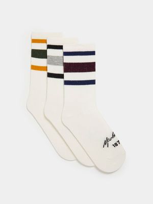 RJ Ecru 3PK RETRO DBL Stripe Socks