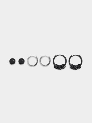 Men's Markham Ring Huggy Crystal Stud Grey/Black Earring Pack