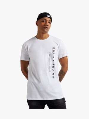 Men's Relay Jeans Slim Fit Vertical Slogan White T-Shirt
