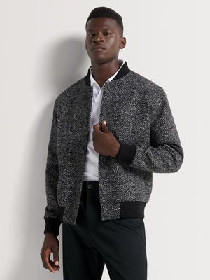 Men's Markham Smart Tweed Textured Zipped Black Bomber Jacket
