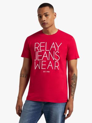 Men's Relay Jeans Slim Fit Thin Font Graphic Red T-Shirt