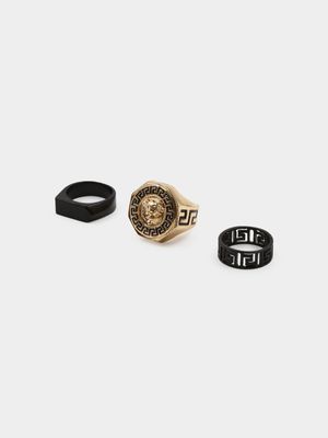 Men's Markham Aztec Lion Signet Gold/Black Ring Set
