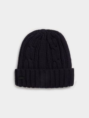 MKM NAVY CABLE KNIT INT SHERPA BEANIE