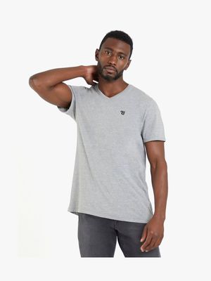 Men's Relay Jeans Branded V-Neck Slim Fit Basic Grey T-Shirt