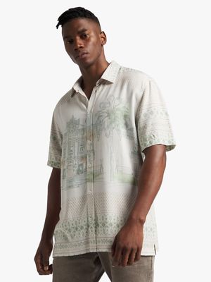 Men's Markham Printed Viscose Vacation Border Ecru Shirt