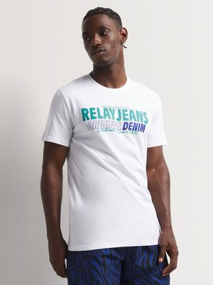 Men's Relay Jeans Slim Fit Blue Sades Branded Graphic White T-Shirt