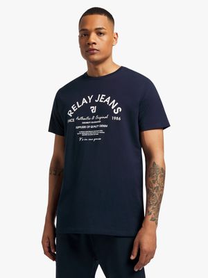 Men's Relay Jeans Slim Fit Bold Multi Text Graphic Navy T-Shirt