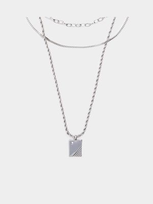 Men's Markham Crystal Tag Silver Necklace Set