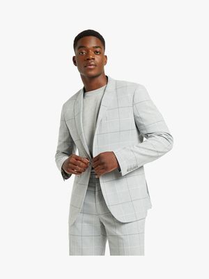 MKM Grey Smart Slim Linen Blend Check Suit Jacket