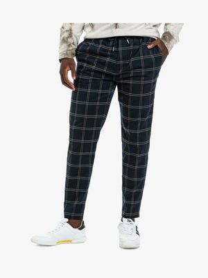 Smart Double Stripe Check Navy Taupe Trouser