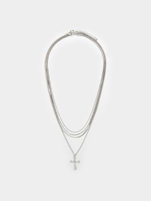 MKM Silver Quadruple Neclace Chain and Crystal Cross Pend
