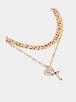 Men's Markham Crystal Cross and Eye Gold Necklace Set