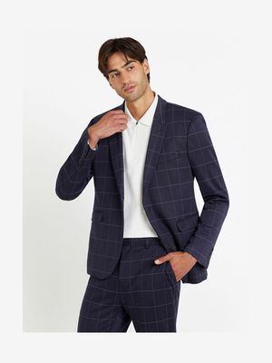 MKM Navy Knitted Slim Check Suit Jacket