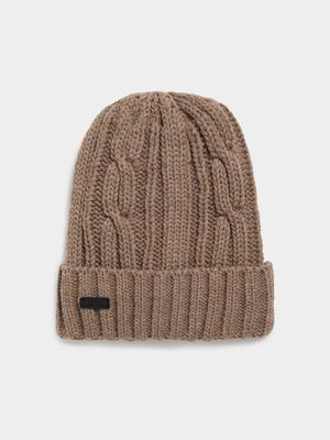 MKM TAUPE CABLE KNIT INT SHERPA BEANIE