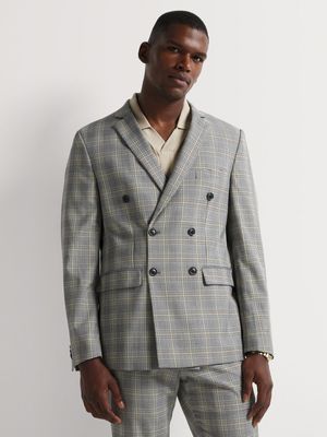 Men's Markham Check Slim Knitted Double Breasted Neutral Suit Jacket