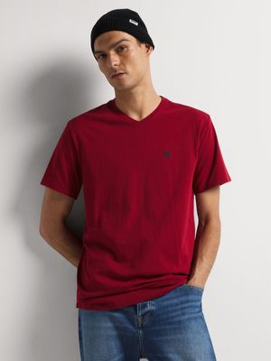 Men's Relay Jeans Basic Branded V-neck Red T-Shirt