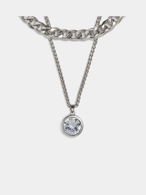 Men's Markham Oversize Crystal Pendant Silver Necklace Set