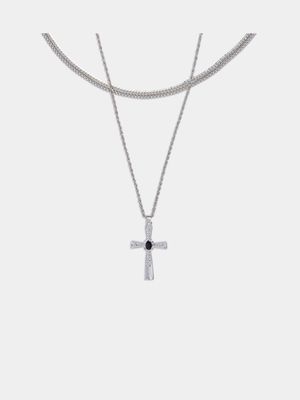 Men's Markham Jet Stone Cross Pendant Silver Necklace Set