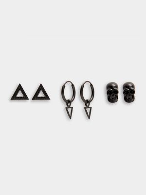 Men's Markham Skull and Triangle Black Earring Pack
