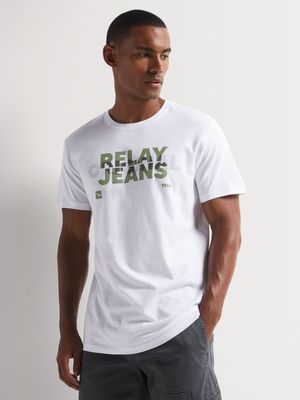 Men's Relay Jeans Slim Fit Layered Slogan Graphic White T-Shirt