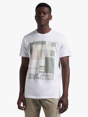 Men's Relay Jeans Tonal Blocked White Graphic T-Shirt