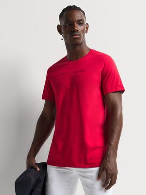 Men's Relay Jeans Chest Text Graphic Red T-Shirt