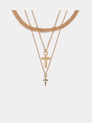 Men's Markham Double Cross Pendant Gold Necklace Set