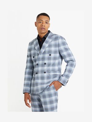 MKM Pastel Blue Slim Double-Breasted Fine Check Jacket