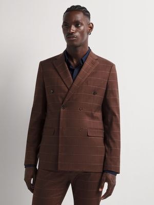 Men's Markham Slim Double Breasted Textured Windowpane Check Brown Suit Jacket