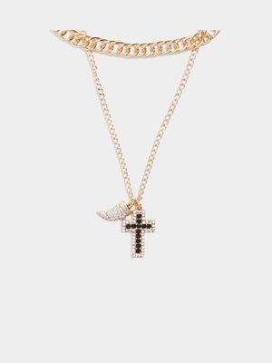Men's Markham Crystal Cross and Tusk Gold Necklace Set