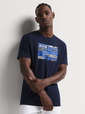 Men's Relay Jeans Block and Text Graphic Navy T-Shirt