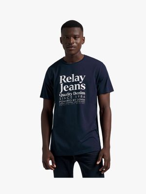Men's Relay Jeans Slim Fit Typography Navy T-Shirt
