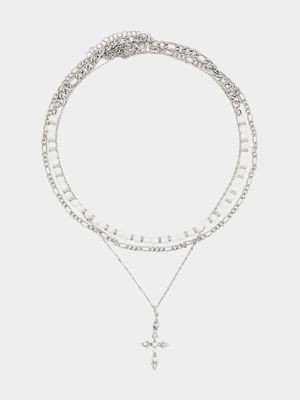 Men's Markham Pearl Cross Pendant Silver Necklace Set