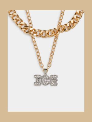 Men's Markham Ice Pendant Gold Necklace Set