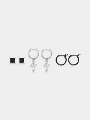 Men's Markham Sq Crystal Stud and Cross Multicolour Earring Pack