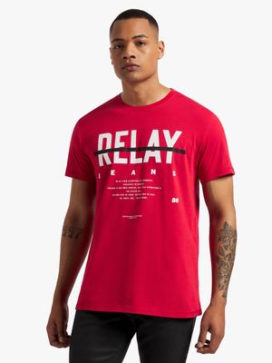 Men's Relay Jeans Slim Fit Bold Strikethrough Red T-Shirt