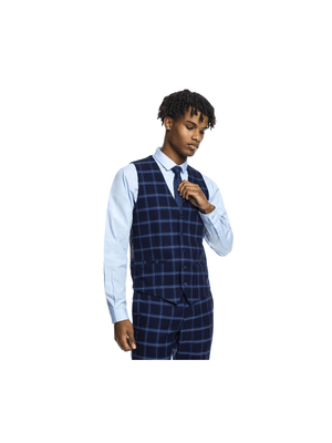 Mkm Skinny Window Pane Check Suit Waistcoat Blue Red