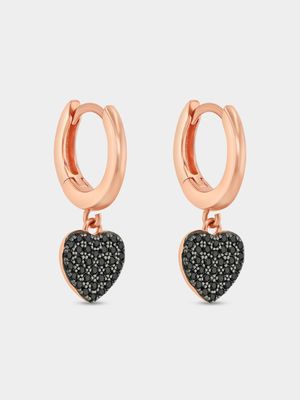Rose Plated Sterling Silver Black Cubic Zirconia Heart Drop Earrings