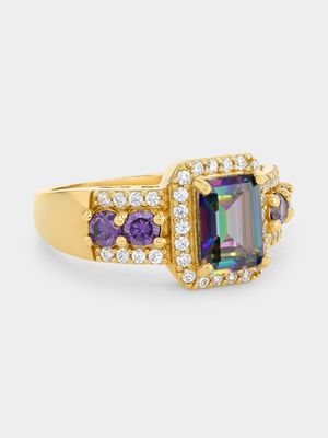 Gold Plated Sterling Silver Mystic Green Cubic Zirconia Emerald Ring