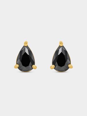Gold Plated Sterling Silver Black Cubic Zirconia Pear Stud Earrings