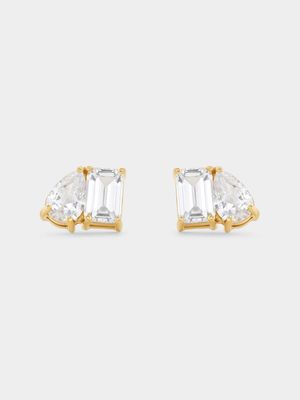Gold Plated Sterling Silver Cubic Zirconia Two-Stone Stud Earrings