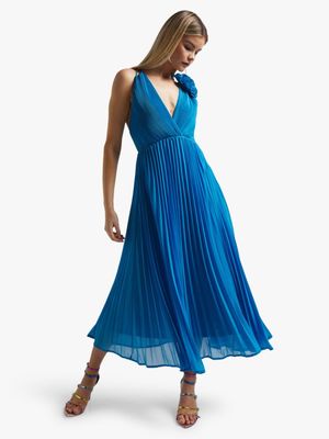 Women's Blue Pleated Maxi Dress With Corsage