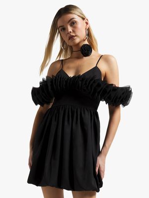 Women's Black Mesh Sleeve Bubble Dress