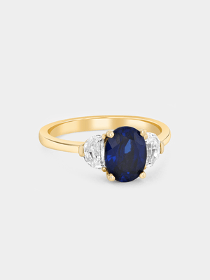 Yellow Gold Lab Grown Blue Sapphire & Moissanite Women’s Oval Trilogy Ring