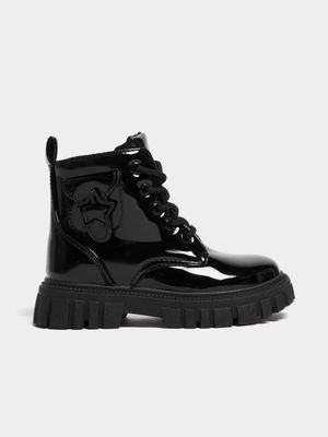 Jet Younger Boys Black Patent Combat Boot