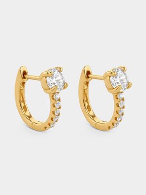 Gold Plated Sterling Silver Cubic Zirconia Solitaire Pave Hoop Earrings
