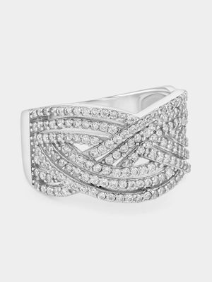 Sterling Silver Cubic Zirconia Pavé Crossover Ring