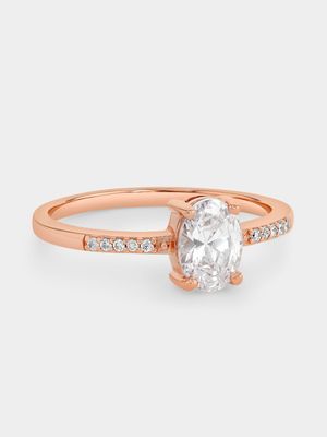Rose Plated Sterling Silver Cubic Zirconia Oval Solitaire Ring