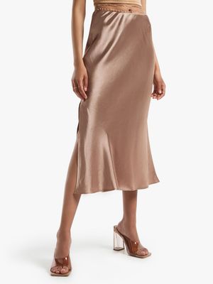 Women's Stone Satin Skirt With Side Slit